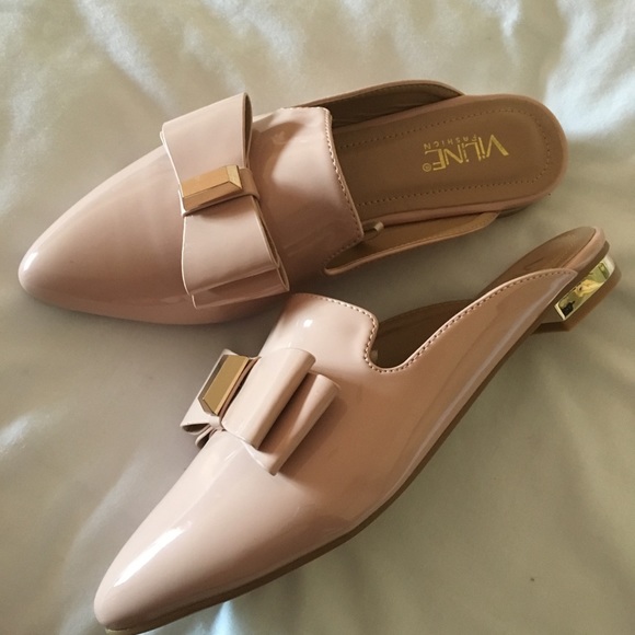 Nude Pink backless flat mules, gold stripe on hill - Picture 3 of 6